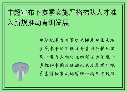 中超宣布下赛季实施严格梯队人才准入新规推动青训发展